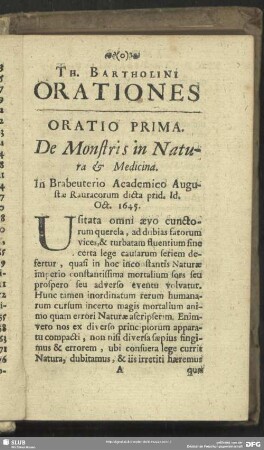 Oratio Prima. De Monstris in Natura & Medicina