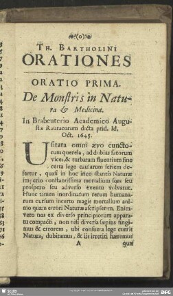 Oratio Prima. De Monstris in Natura & Medicina
