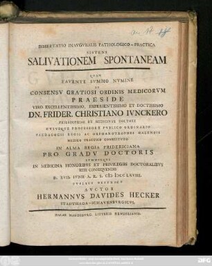 Dissertatio Inavgvralis Pathologico-Practica Sistens Salivationem Spontaneam