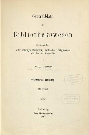 Zentralblatt für Bibliothekswesen. 14. 1897