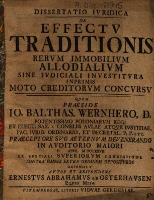 Dissertatio Iuridica De Effectu Traditionis Rerum Immobilium Allodialium Sine Iudiciali Investitura Inprimis Moto Creditorum Concursu