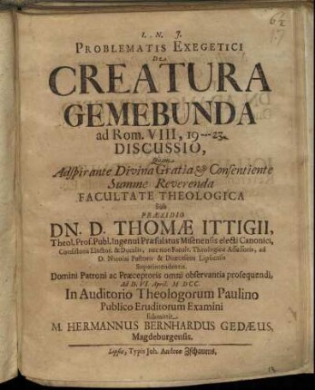Problematis Exegetici De Creatura Gemebunda ad Rom. VIII,19 - 23. Discussio