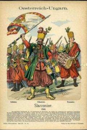 Uniformdarstellung, Soldaten, Fähnrich und Tambour des Slawonischen Grenz-Regiments, Kaiserreich Österreich-Ungarn, 1742.