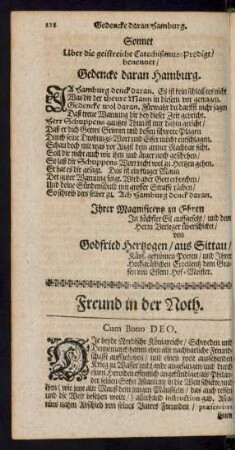 Sonnet Uber die geistreiche Catechismus-Predigt benennet Gedencke daran Hamburg.