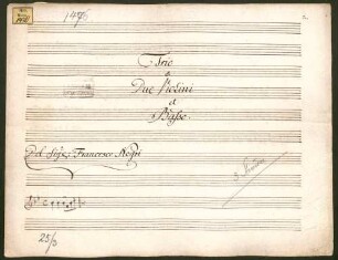 Trios, vl (2), b, B-Dur - BSB Mus.ms. 1476 : [title, vl 1:] Trio // a // Due Violini // et // Basso. // Del Sig: Francesco Negri // [Incipit]