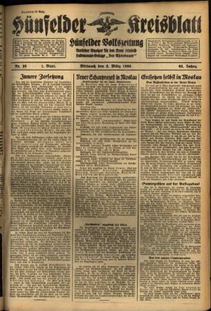 Erste Ausgabe vom Mittwoch, den 02. März 1938.