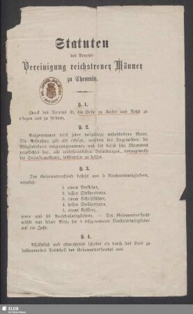 Statuten des Vereins Vereinigung reichstreuer Männer zu Chemnitz