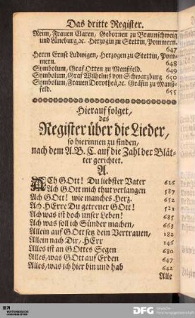 Hierauf folget, das Register über die Lieder...