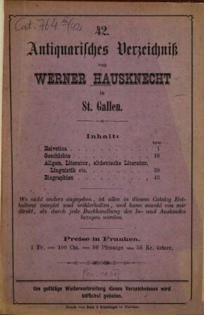 Antiquarisches Verzeichniß von Werner Hausknecht in St. Gallen. 42. [ca. 1878]