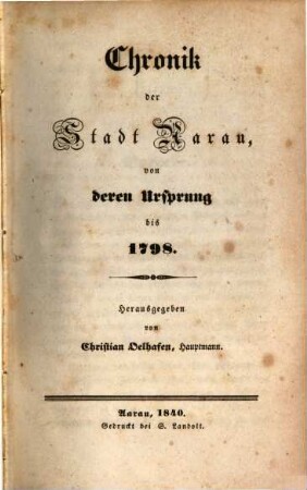Chronik der Stadt Aarau von deren Ursprung bis 1798