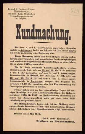 "Kundmachung" über die Musterung der in Belgien wohnenden österreichisch-ungarischen Landsturmpflichtigen