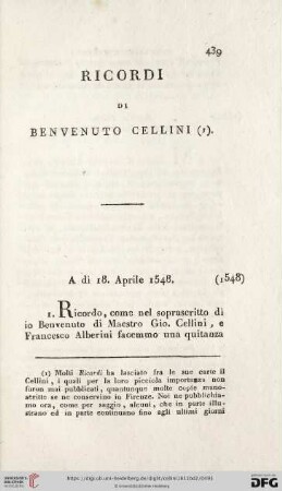 Ricordi Di Benvenuto Cellini