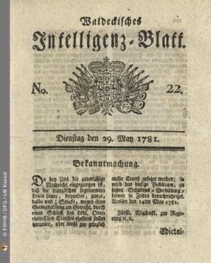 No. 22, Dienstag den 29. May 1781