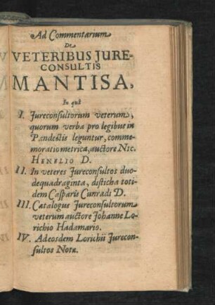 Ad Commentarium De Veteribus Iureconsultis Mantisa.