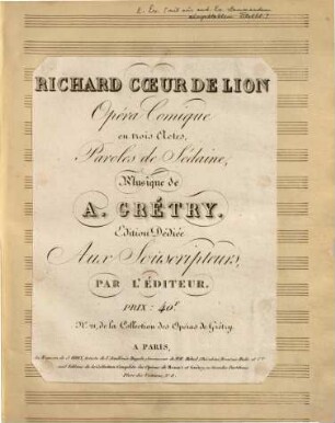 Richard Coeur de Lion : opéra comique en trois actes