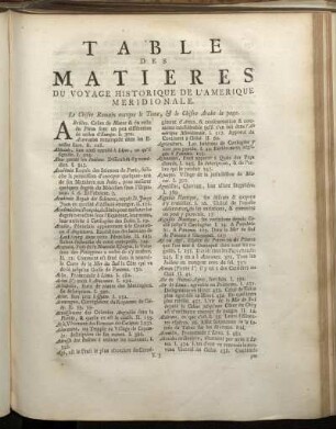 Table des Matieres Du Voyage Historique de L´Amerique Meridionale.