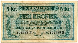 Geldschein, 5 Kroner, 11.1940