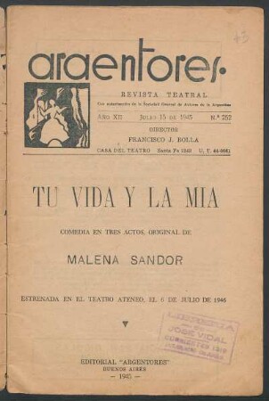 1945025200: Tu vida y la mía : comedia en tres actos