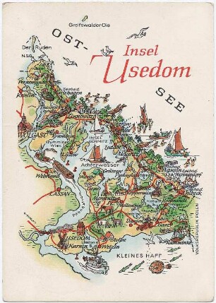 Insel Usedom (Landschaft). Schematische Übersichtskarte der Insel Usedom, Ansichtskarte