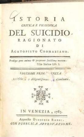 Istoria critica e Filosofica del suicidio