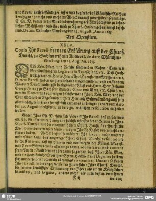 XXIV. Copia Ihr Excell: fernern Erklärung auff der Churf. Durchl. zu Sachsen ertheilte Antwort, de dato München-Newburg, den 25. Aug. An. 1635