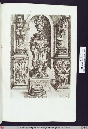 Korinthische Basen und Konsolen, in der Mitte eine Vase auf reich verzierter Basis in einer Nische.