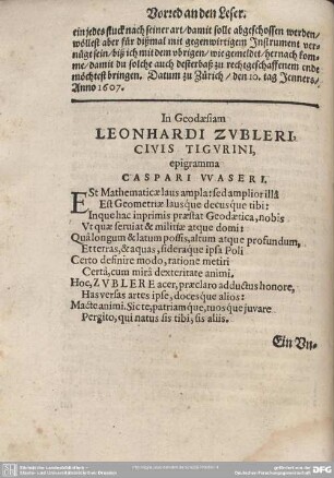 In Geodaesiam LEONHARDI ZUBLERI, CIVIS TIGURINI. epigramma CASPARI WASERI.