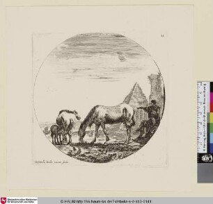 Zwei Hirten am rechten Rand, mit zwei Pferden und einem Fohlen, auf die Pyramide des Caius Cestius deutend