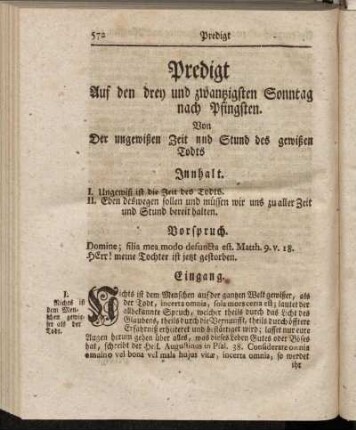 Predigt Auf den drey und zwantzigsten Sonntag nach Pfingsten. Von Der ungewißen Zeit und Stund des gewißen Todts. - Predigt Auf den vier und zwantzigsten und letzten Sonntag nach Pfingsten. Von Zweyen ungewißen Umständen des gewißen Todts.