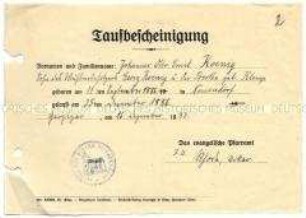 Beglaubigte Abschrift des Taufscheins für Johannes Otto Emil Koenig - Familienkonvolut