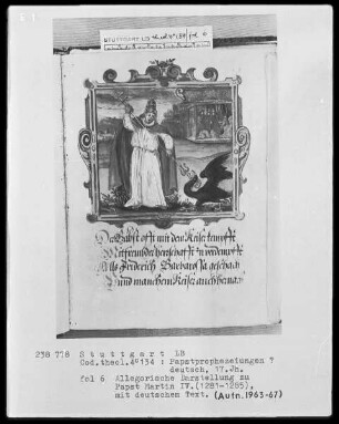 Flugschrift mit Illustrationen aus den Papstprophezeiungen mit antipäpstlichen Spottversen — Allegorische Darstellung zu Papst Martin 4. (1281-1285), Folio 6recto