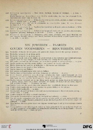 XIV. Juweelen – paarlen gouden voorwerpen – bijouterieën, enz. (Nr. 1323-1369)