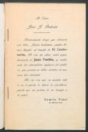 [Dedicatoria] Al Señor José J. Podestá
