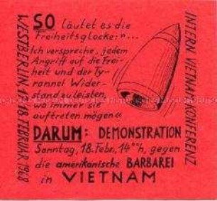 Aufkleber mit Aufruf zu einer Demonstration gegen den Vietnam-Krieg aus Anlass der Internationalen Vietnam-Konferenz am den 17./18. Februar 1968