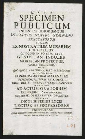 Specimen Publicum Ingenii Studiorumque In Illustri Nostro Gymnasio...