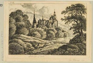 Das Schloss (Burg) Stein (Hartenstein-Stein) südöstlich von Zwickau am Ufer der Zwickauer Mulde, Blick aus südlicher Richtung, aus Lenz’ "50 Landschaften ..."