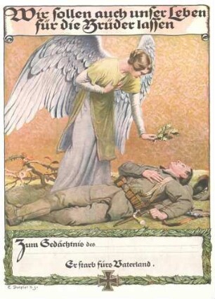 Ehrenblatt (Vordruck) für Gefallene, einen gefallenen Soldaten darstellend, darüber Engel mit Eichenlaubkranz