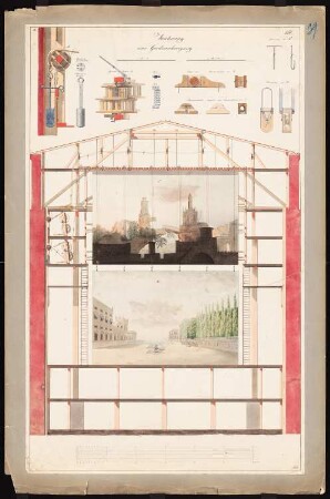 Schauspielhaus auf dem Gendarmenmarkt, Berlin: Bühnenhaus: Schnürboden, Gardinenbewegung, Schnitt und Details