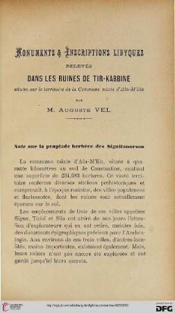 Sér. 4: Monuments et inscriptions libyques relevés dans les ruines de Tir-Kabbine : situées sur le territoire de la Commune mixte d'Aїn-M'lila