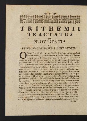 36-42, Trithemii Tractatus de Providentia ad Divum Maximilianum I. Imperatorem.