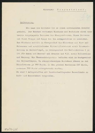 Boots- und Klubhaus Monatskonkurrenz November 1931: Erläuterungsbericht