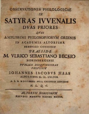 Observationes philologicae in satyras Iuvenalis duas priores