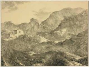 Gebirgslandschaft, links ein Haus mit einem Wanderer davor
