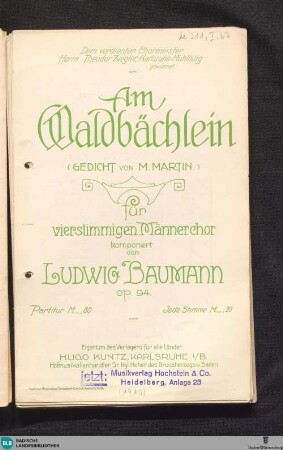 Am Waldbächlein : für vierstimmigen Männerchor : op. 94