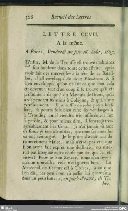 Lettre CCVII. A la même. A Paris, Vendredi au soir 16. Août, 1675