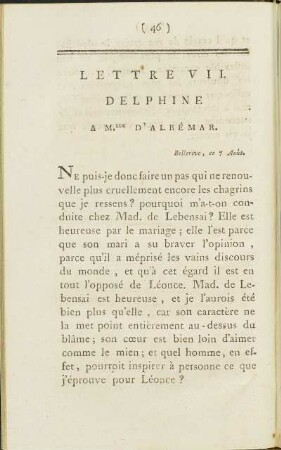 Lettre VII. Delphine à Mlle. d’ Albémar, Bellerive ce 7 Août.