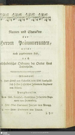 Namen und Charakter der Herren Pränumeranten, welche noch zugekommen sind, nach alphabetischer Ordnung der Oerter ihres Aufenthalts