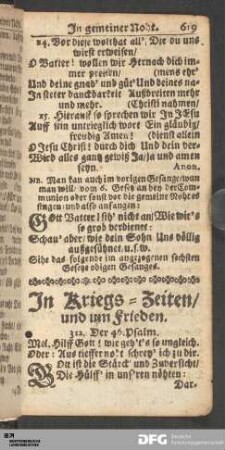 In Kriegs-Zeiten/ und um Frieden.