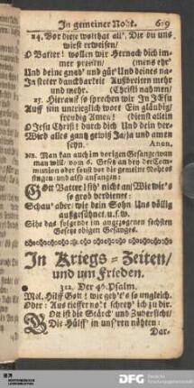 In Kriegs-Zeiten/ und um Frieden.