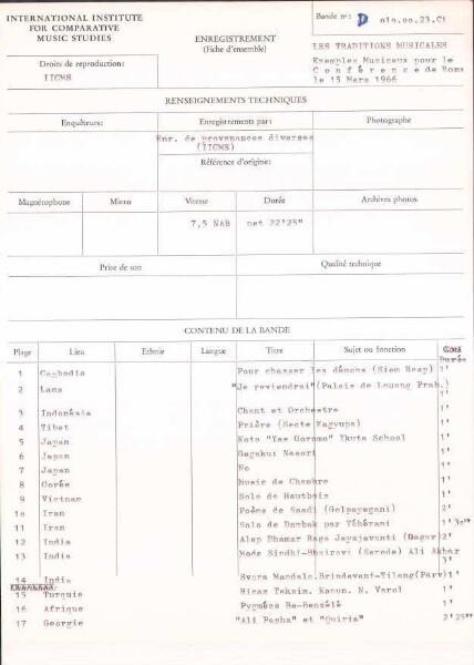 Les Traditions Musicales : Exemples musicaux pour la Conférence de Rome le 15 mars 1966